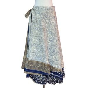 Upcycled Sari Boho Wrap Skirt Dress Reversible Earthtones and Blue XL Hippie